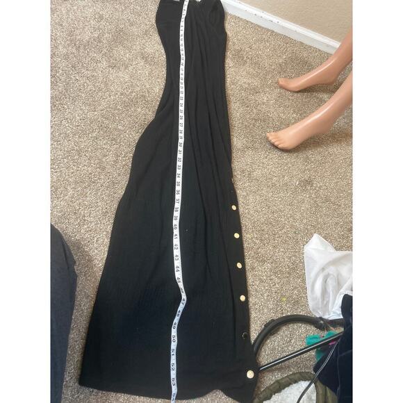 BeBe maxi dress ribbed side slit stretch gold buttons back zip up SZ SM black - Picture 6 of 10